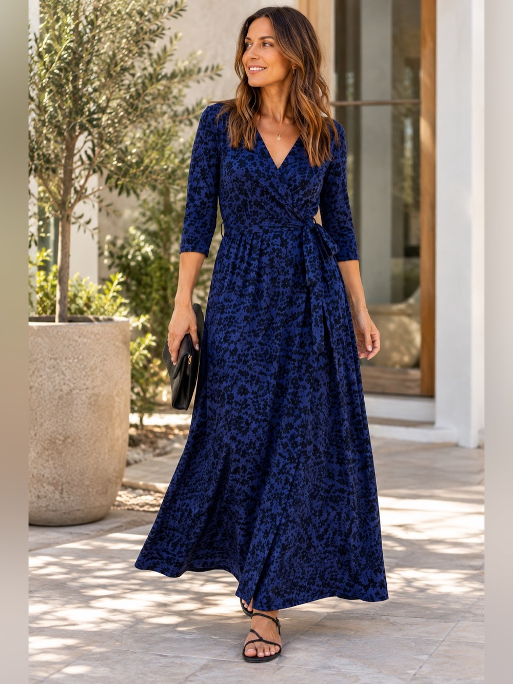 Z Supply Navy Floral Faux Wrap Maxi Dress Small 3/4 Sleeve